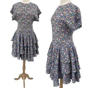 Vintage 80s Fit & Flare Floral Print Dress Ruffled Drop Waist Navy Blue Womens 8